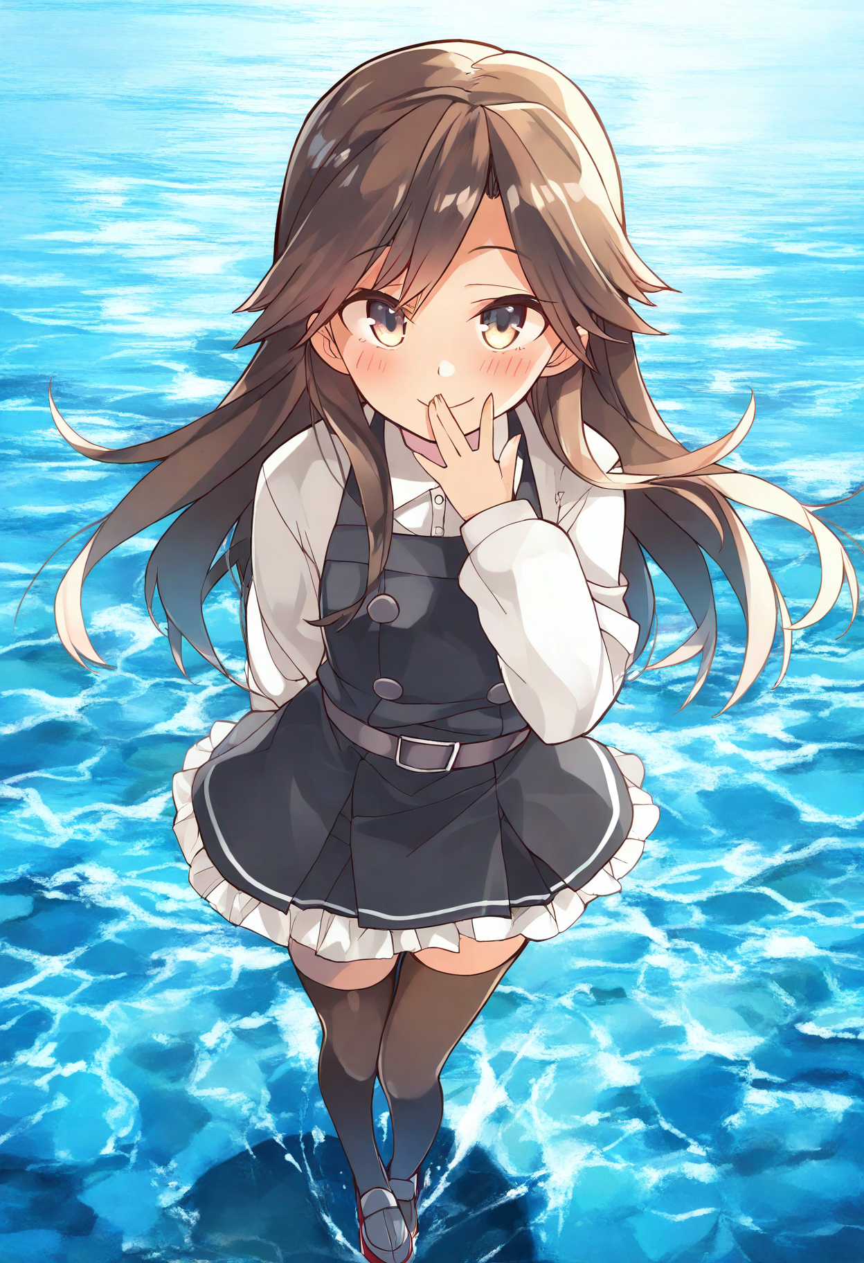 (masterpiece, best quality, highres, absurdres, very detailed, very aesthetic:1.22), (detailed eyes), arashio kai ni \(kancolle\), 1girl, smile, full body, detailed scenery, blush, hand over own mouth,   <lora:komowata_haruka_ct15v_1-04:1>