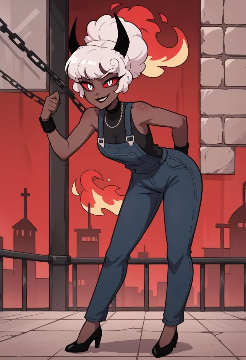 score_9, score_8_up, score_7_up,
masterpiece, best quality, detailed, amazing quality,
detailed background, flames, weapons, city night
detailed eyes, clean eyes,
dynamic pose, full body, leaning forward,
solo, 1woman, woman,
easynegative,
c4rl4_c4rm1n3, white hair, dark skin, red white eyes, black horns,
smirk, evil, black overalls, chains