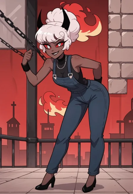 score_9, score_8_up, score_7_up,
masterpiece, best quality, detailed, amazing quality,
detailed background, flames, weapons, city night
detailed eyes, clean eyes,
dynamic pose, full body, leaning forward,
solo, 1woman, woman,
easynegative,
c4rl4_c4rm1n3, white hair, dark skin, red white eyes, black horns,
smirk, evil, black overalls, chains