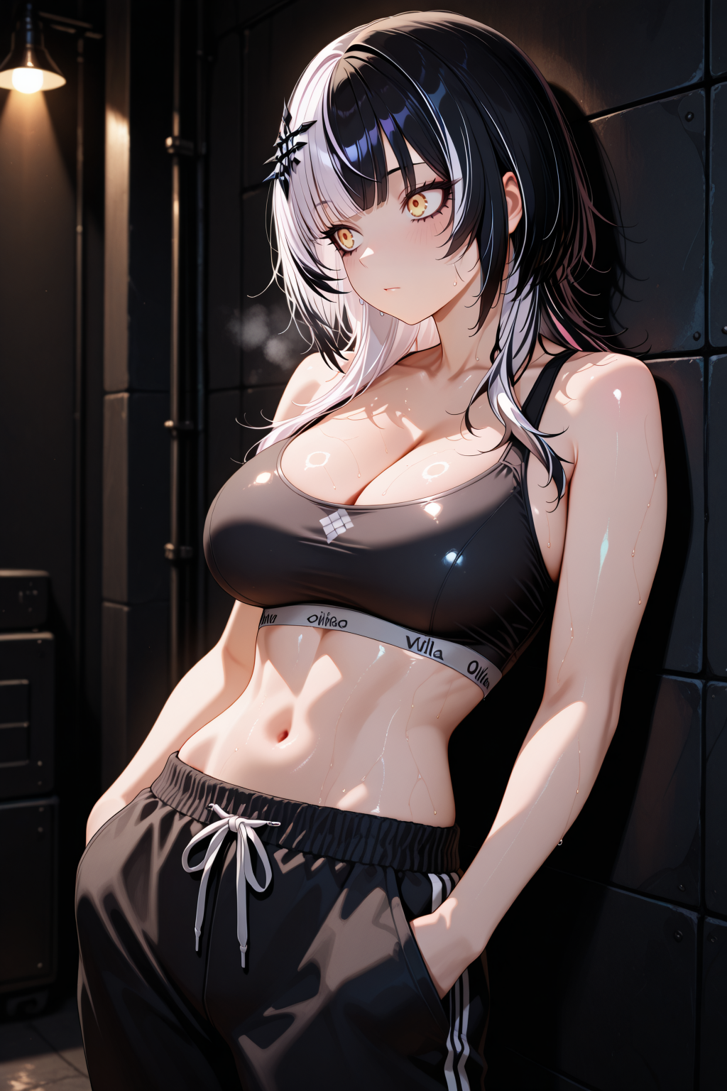 lazypos, 1girl, solo, multicolored hair, white hair, black hair, yellow eyes, hair ornament, dark theme, darkness, high contrast, fron side, looking to the side, leaning back, against wall, black sports bra, cleavage, midriff, sweat, shiny skin, linea alba, (abs:0.6), black pants, sweatpants, hands in pockets, Shiori Novella <lora:detail_slider_v1_000000450:5> <lora:TrendCraft_The_Peoples_Style_Detailer-v1.0A-3_13_2025-illustrious:0.2>