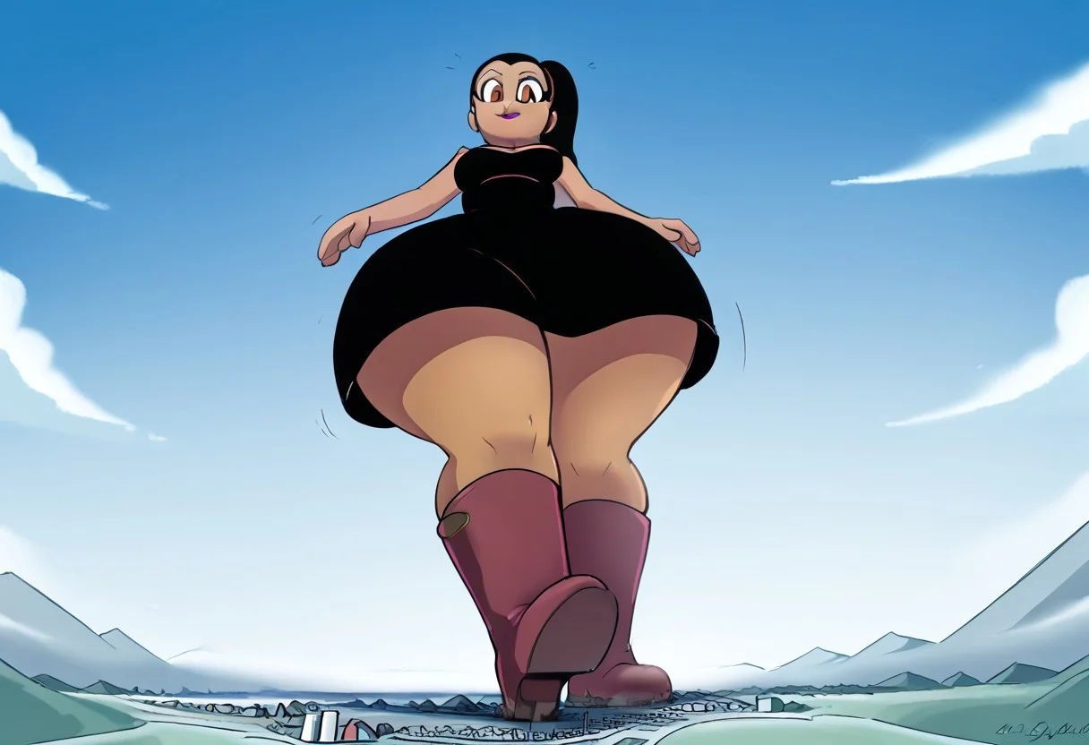 score_9, 1girl, solo,carlota casagrande, black hair, ponytail, latina, brown skin, magenta lipstick, brown eyes, black dress, boots, full body,high quality, high res, 4k, best anatomy, giantess, facing viewer, under foot pov, standing, hyper hips, from below, city underneath, landscape.
