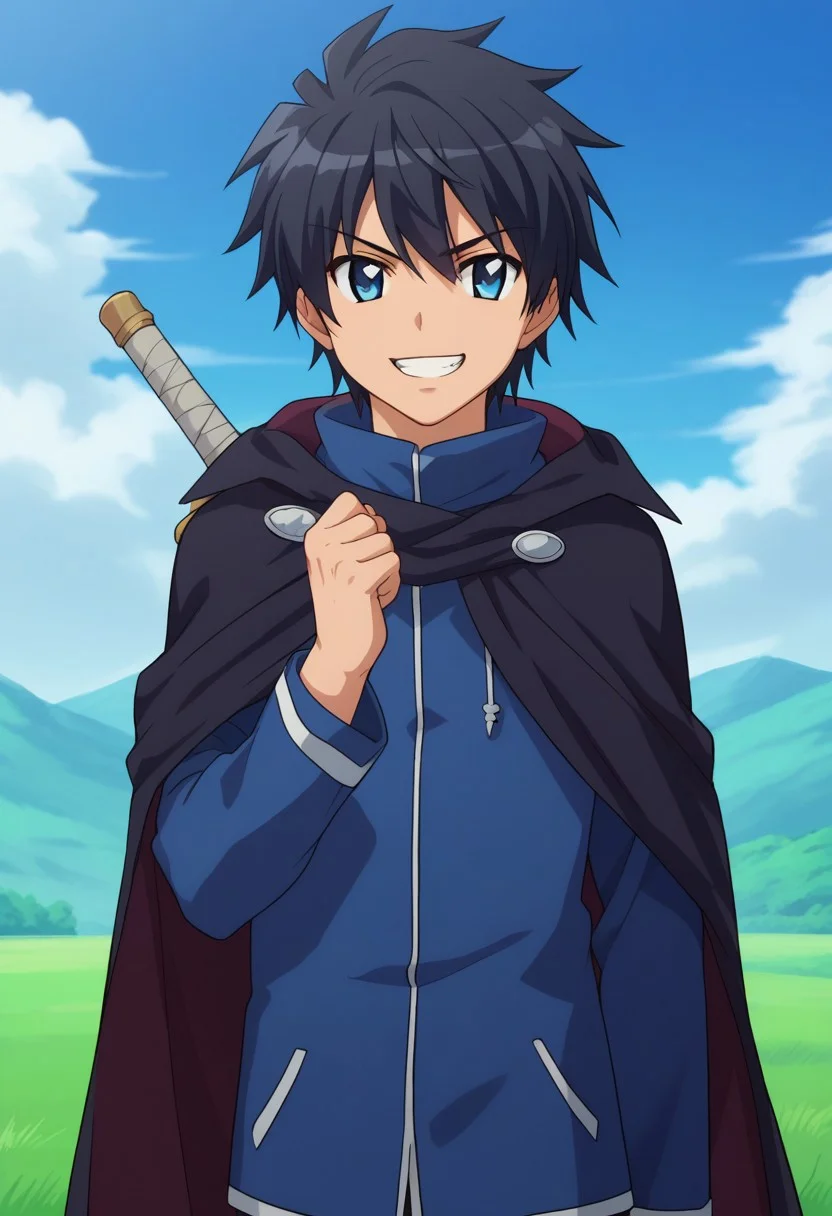 score_8_up, score_7_up, source_anime, highly detailed,
saitohiraga, solo, 1boy, male focus, black hair, jacket, pants, upper body, standing, smile, long sleeves, blue eyes, cape, cloak, weapon, sword on back, grin, hand up, closed fist, determined,
outdoor, sky,