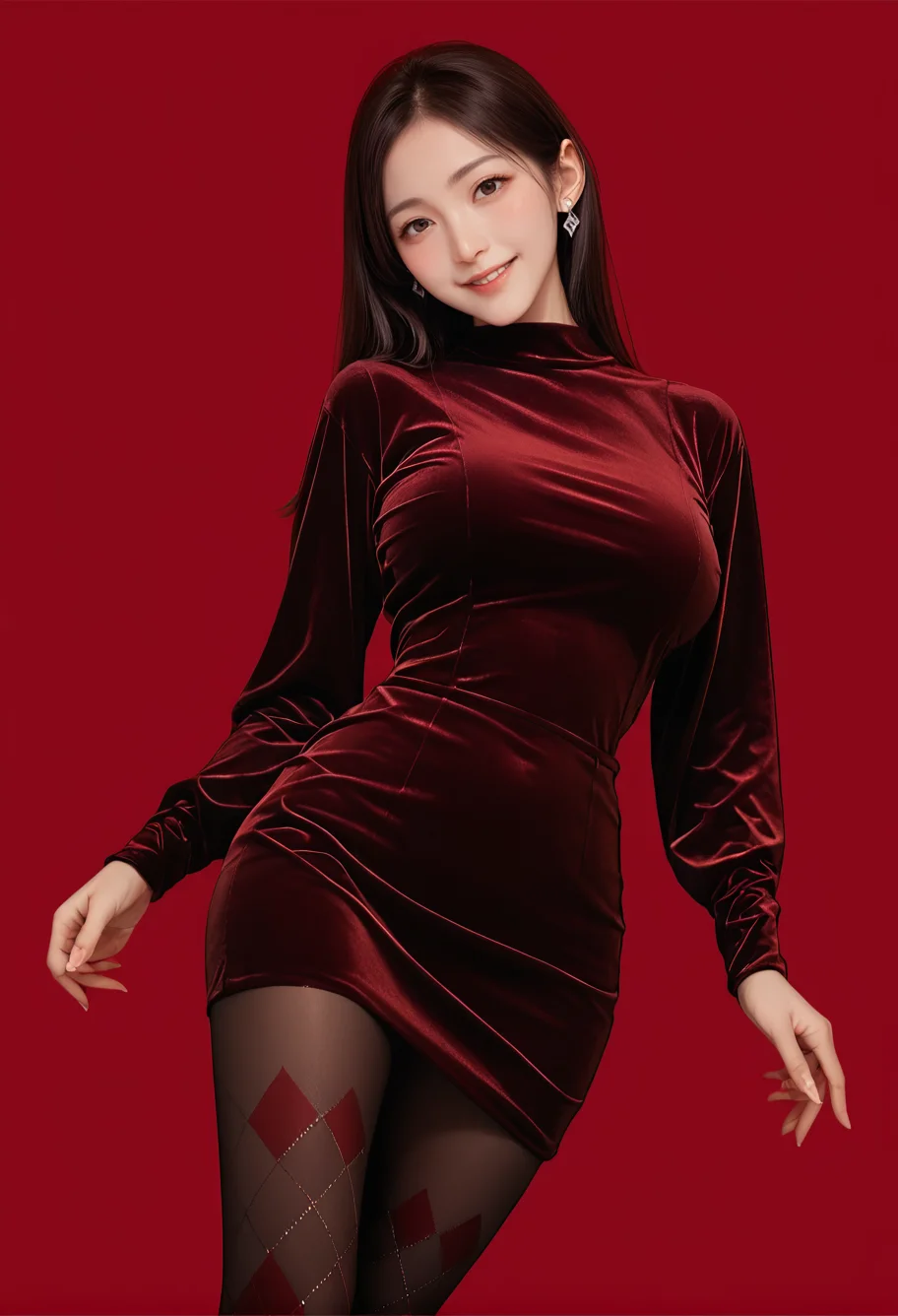 1girl,red background,,ruanyi0965,short dress,black pantyhose,argyle legwear,dress,<lora:0965 Home wear 12_v1_pony:1>, score_9, score_8_up, score_7_up, score_6_up, score_9, score_8_up, score_7_up, score_6_up source_anime, blush, 1girl, seduce smile, perfect body , natural huge breasts