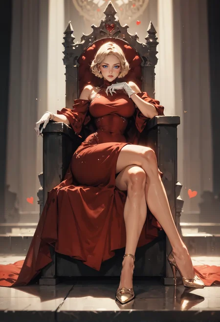 score_9, score_8_up, score_7_up, 1girl, queen, sitting on throne, throne room, intricate red dress, white fur, white gloves, legs crossed, solo, short hair, blonde hair, heart, legs, legs apart, thighs, curvy, high heels <lora:sdxl/pony_summer_days_style:0.8>