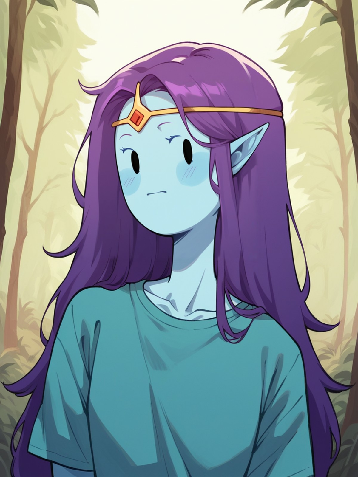 score_9, score_8_up, score_7_up, score_6_up, score_5_up, score_4_up, 4dv3ntur3t1m3,  adventure time, <lora:4dv3ntur3t1m3XLP:0.8> 1girl, forest, purple hair, portrait,