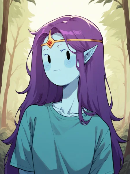 score_9, score_8_up, score_7_up, score_6_up, score_5_up, score_4_up, 4dv3ntur3t1m3, adventure time, <lora:4dv3ntur3t1m3XLP:0.8> 1girl, forest, purple hair, portrait,