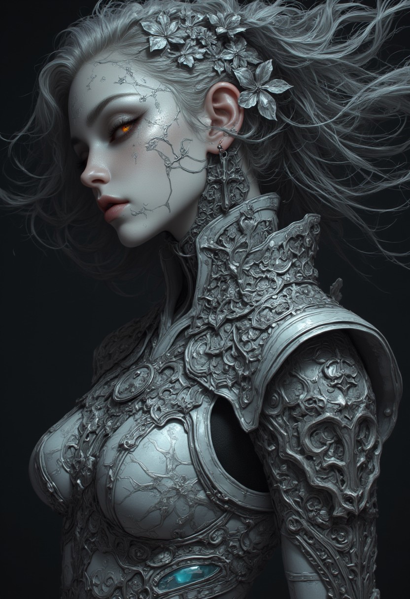 Silver statue of a woman, her skin composed of delicate, textured silver flakes, with chrome and glass flowers intricately woven into her hair, her eyes gleaming with a warm, bluish light, wearing a majestic, windy-blown ornate gown with tattered, silver petals, reminiscent of a dark, dystopian world, her face and shoulders illuminated by a soft, ambient glow, as if radiating an otherworldly energy. In the styles of Royo's dark, mystical realism, Artgerm's hyper-detailed, metallic sheen, and Lovecraft's eerie, atmospheric tension, with meticulous attention to intricate textures, dramatic shading, and a sense of haunting, ethereal beauty.