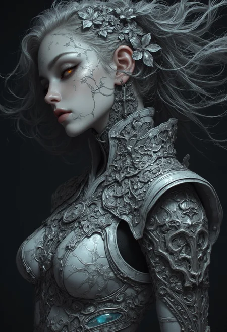 Silver statue of a woman, her skin composed of delicate, textured silver flakes, with chrome and glass flowers intricately woven into her hair, her eyes gleaming with a warm, bluish light, wearing a majestic, windy-blown ornate gown with tattered, silver petals, reminiscent of a dark, dystopian world, her face and shoulders illuminated by a soft, ambient glow, as if radiating an otherworldly energy. In the styles of Royo's dark, mystical realism, Artgerm's hyper-detailed, metallic sheen, and Lovecraft's eerie, atmospheric tension, with meticulous attention to intricate textures, dramatic shading, and a sense of haunting, ethereal beauty.