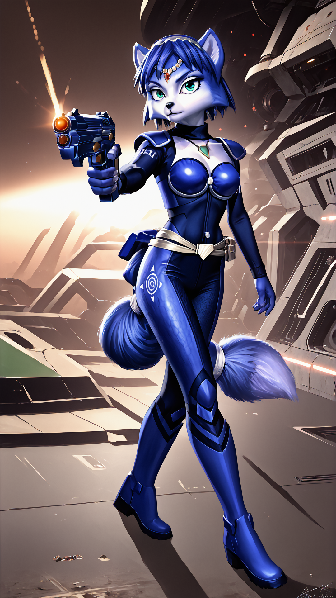 <lora:Krystal_Starfox_PonyXL:0.8> 1girl, Krystal, Assault, holding gun, energy gun, battlefield, spaceship, tail, <lora:RealisticAnime:0.8> (ultra realistic, 32k, masterpiece:1.2), (high detailed skin:1.1), (high quality:1.1), bokeh, luminescent background, score 9, score 8 up, score 7 up, score 6 up, score 5 up, score 4 up, BREAK,
