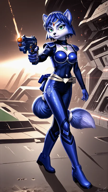 <lora:Krystal_Starfox_PonyXL:0.8> 1girl, Krystal, Assault, holding gun, energy gun, battlefield, spaceship, tail, <lora:RealisticAnime:0.8> (ultra realistic, 32k, masterpiece:1.2), (high detailed skin:1.1), (high quality:1.1), bokeh, luminescent background, score 9, score 8 up, score 7 up, score 6 up, score 5 up, score 4 up, BREAK,
