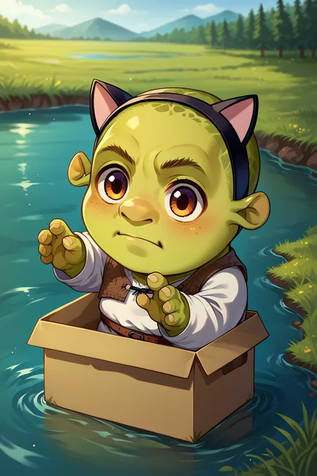 score_9, score_8_up, source_anime, solo, <lora:boxed_potat_v1:1> b0xe,chibi,in box, <lora:Shrek_XLPD:1> shrek, green skin, cat ears, river, outdoors, water, fake animal ears