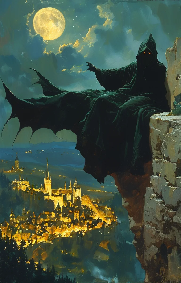 masterpiece,best quality,<lora:tbh149-sdxl:0.9>,style of Gil Elvgren, Nazgul over sleeping town