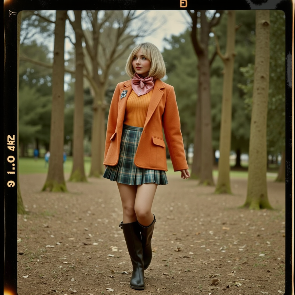 Faded Polaroid Photo, analog film photo <lora:AshleyR4:0.8> aslx, costume, aslx, a woman wearing an ashley graham costume with orange jacket, plaid skirt, black boots, blond hair styled in a bob, she's in a forest, walking slowly, ultra detailed, ultra realistic, ultra quality, cinematic, cinematic lighting, ultra detailed  <lora:SAbrina Carpenter-V1x1:1> s4br1n4c . faded film, desaturated, 35mm photo, grainy, vignette, vintage, Kodachrome, Lomography, stained, highly detailed, found footage, analog, old faded photo, old polaroid, RAW candid cinema, 16mm, color graded portra 400 film, remarkable color, ultra realistic, textured skin, remarkable detailed pupils, realistic dull skin noise, visible skin detail, skin fuzz, dry skin, shot with cinematic camera