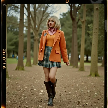 Faded Polaroid Photo, analog film photo <lora:AshleyR4:0.8> aslx, costume, aslx, a woman wearing an ashley graham costume with orange jacket, plaid skirt, black boots, blond hair styled in a bob, she's in a forest, walking slowly, ultra detailed, ultra realistic, ultra quality, cinematic, cinematic lighting, ultra detailed <lora:SAbrina Carpenter-V1x1:1> s4br1n4c . faded film, desaturated, 35mm photo, grainy, vignette, vintage, Kodachrome, Lomography, stained, highly detailed, found footage, analog, old faded photo, old polaroid, RAW candid cinema, 16mm, color graded portra 400 film, remarkable color, ultra realistic, textured skin, remarkable detailed pupils, realistic dull skin noise, visible skin detail, skin fuzz, dry skin, shot with cinematic camera