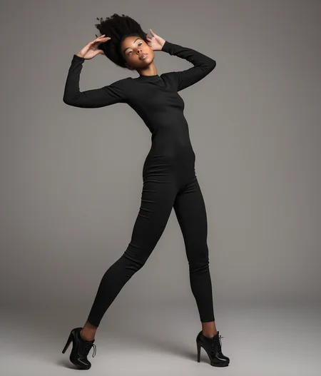 full length scandinavian black young woman in strange pose. best face, best hands, <lora:strange_poses:1.2>