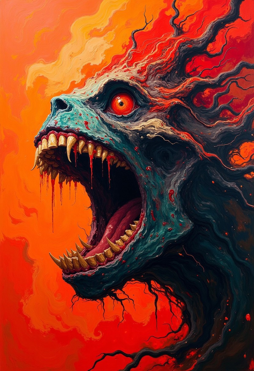DB4RZ style painting Vibrant, abstract painting with a surreal and haunting tone a creature eruption with a massive, gaping maw opening wide with rows of human like teeth, surrounded by a swirling tornado of flames, fiery red and orange tones, applied in broad, streaky aggressive violent brushstrokes that create a sense of heat and intensity, reminiscent of an inferno or hellish environment. The impasto brushstrokes in a dynamic, expressionistic style capture the visceral, primordial power and primal intensity of the scene. Blood-red streaks dripping down from the eye area. Inspiration from artists like Zdzisław Beksiński and H.R. Giger, with a color palette dominated by reds, blacks, and neon electric turquoise. The overall composition should evoke a sense of fear and desperation combined with the intensity of abstract expressionism.