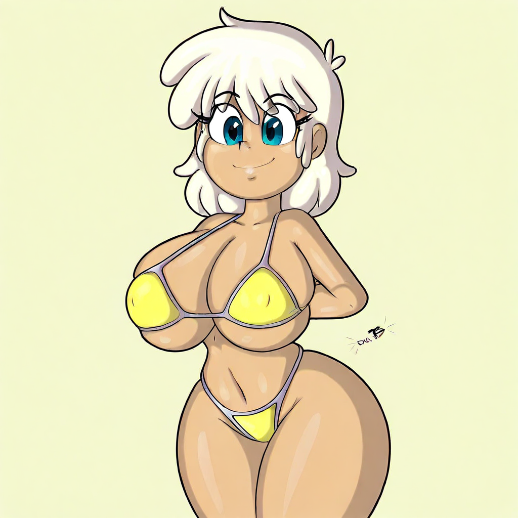 doc.b, simple background, solo, female, rachael loud, light skin, white hair, medium hair, bangs, blue eyes, looking at viwer, smile, yellow bikini, skindentation, huge breasts, slim waist, thick thighs, big ass, standing, arms behind back