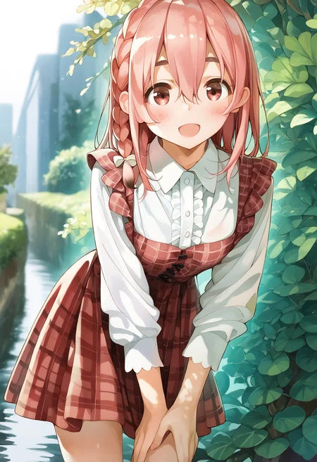 score_9, score_8_up, score_7_up, score_6_up,
by miyajima reiji, sakurasawa sumi, 1girl, solo, braid, open mouth, blush, pink hair, side braid, shirt, plaid, smile, white shirt, long sleeves, hair between eyes, standing, white bow, leaning forward, red dress, ^ ^, facing viewer, collared shirt, bare legs,
outdoors,
masterpiece, best quality
<lora:kanojookarisimasu_v10:1>