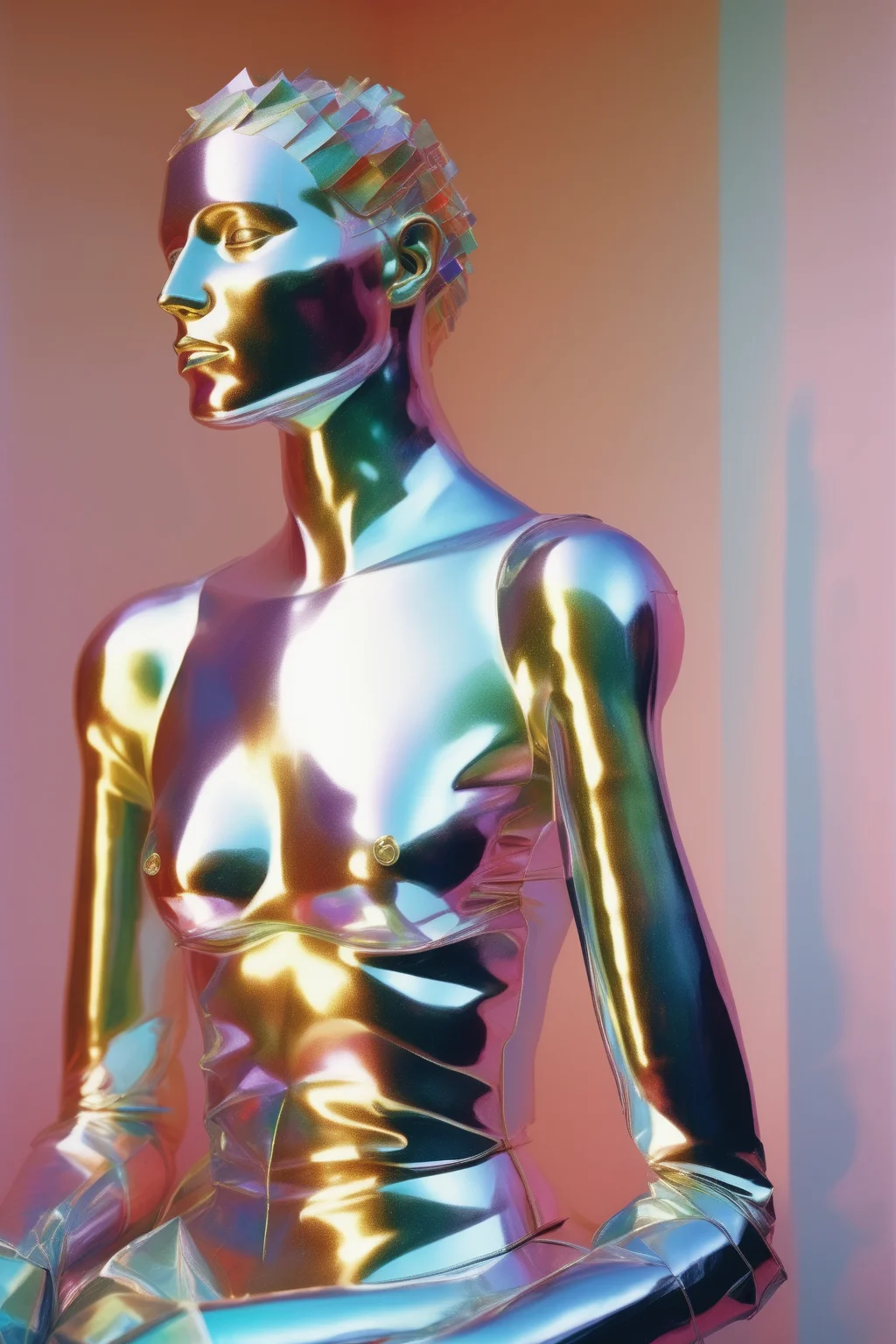 <lora:Made Of Iridescent Foil:1>Made Of Iridescent Foil - Prosthetic Gods the relation between cubism and fractalism and futurism on Kodak portra 800 film