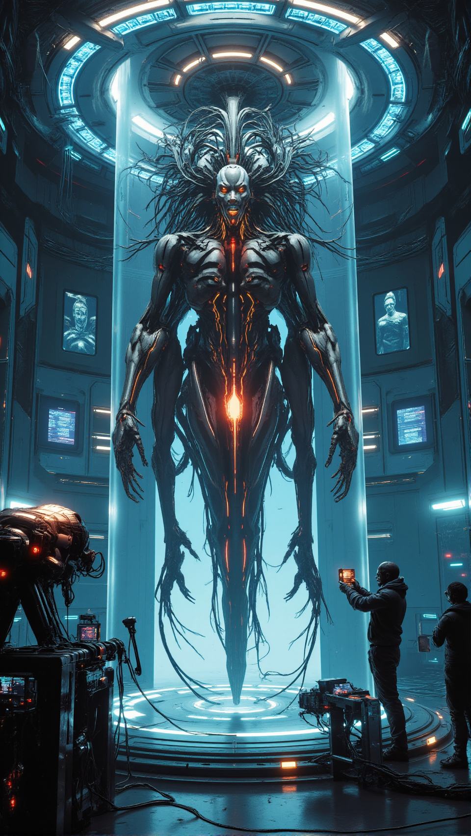 A hyper-realistic scene set inside a high-tech laboratory on an alien planet. In the center of the room stands a large, bio-mechanical creature suspended in mid-air by glowing force fields. Its body is a fusion of organic muscle and synthetic machinery, with cybernetic limbs and glowing veins of energy running through its flesh. Around the creature, scientists in exo-suits operate complex mechanical arms and surgical instruments, making adjustments to the hybrid organism. Nearby, a sleek, humanoid robot with chrome plating and glowing blue eyes monitors the operation. The room is filled with high-tech equipment, holographic displays showing the creatureâs vital signs, and a soft blue light emanating from the machines. The contrast between the cold, sterile lab environment and the living, breathing hybrid creature creates a sense of tension and awe<lora:Sci-fi_env_flux:0.7> <lora:RetroAnimeFluxV1:0.7>