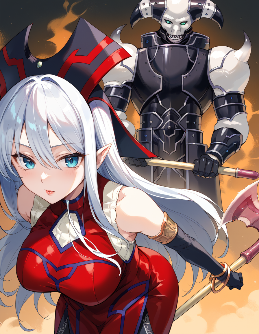 (score_9:0.9),score_8_up,score_7_up,rating_safe,anime style,(zPDXL),(zPDXL3),<lora:Ruin Queen of Oblivion ponyXL v1.1:0.8>,ruin queen of oblivion,1girl,gold bracelet,black elbow gloves,1boy,looking at viewer,red headwear,red dress,holding staff,staff,demise king of armageddon,bent over,full armor,holding axe,axe,mature female,