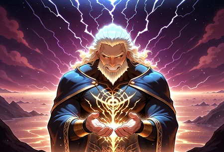 (masterpiece, ultra-detailed, chiaroscuro, cinematic lighting, dark fantasy, lthndrtrl, h0rr0rstyl3, heavy shadows), Zeus cloaked in tempest, eyes lit with searing violet fire. Lightning, a prismatic storm of chaos, surges from his hands to the sea below, where a lone ship battles fate. His luminous beard and windswept hair shimmer with otherworldly energy. A god’s silent verdict rendered from above. Surreal sky, thunderous presence, symbolic judgment, high-impact lighting, visceral detail