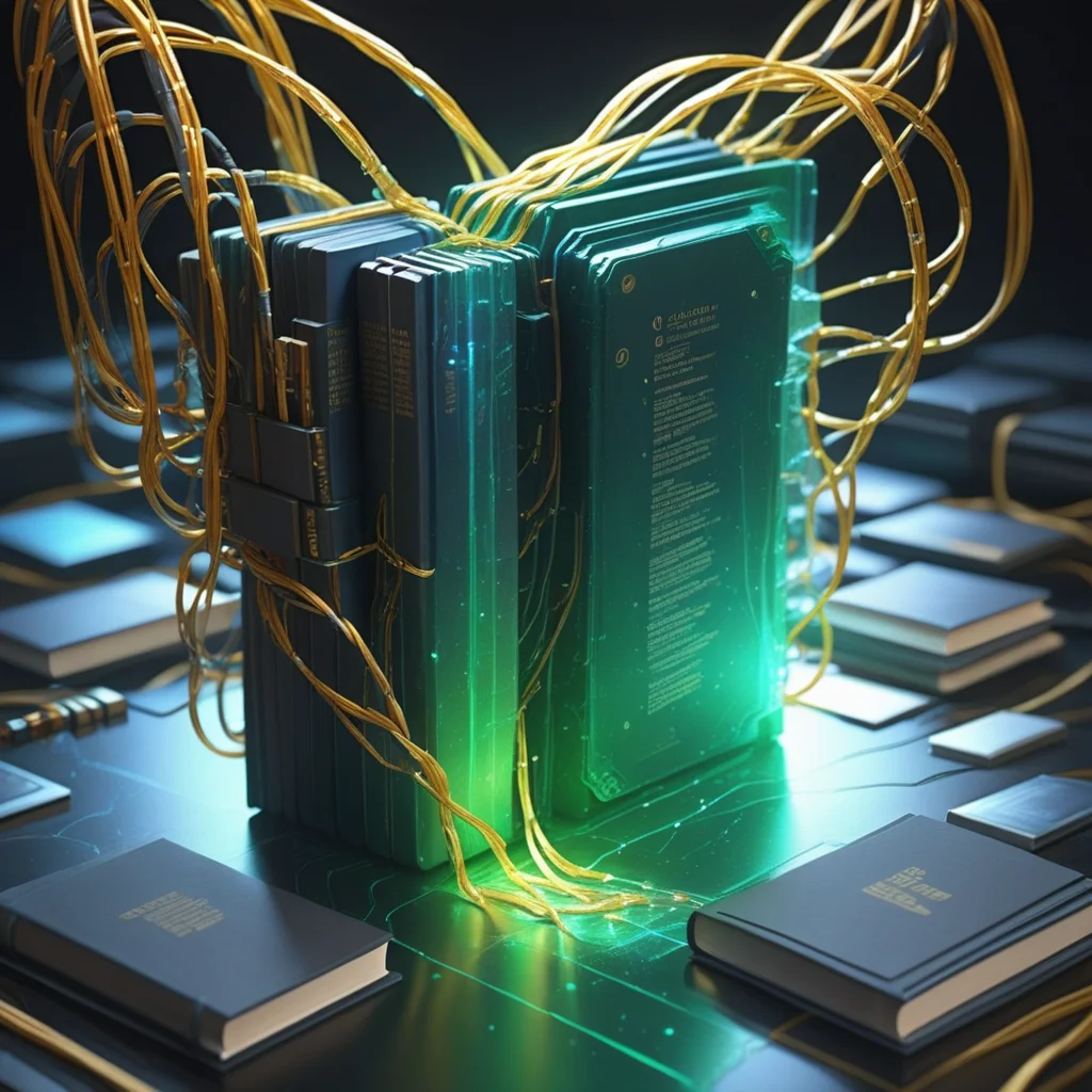 no humans, book, still life, holographic interface, water, cables, night, light particles, cyberpunk, tech