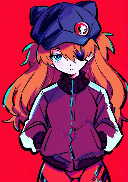 masterpiece, best quality, very aesthetic BREAK 1girl, solo, hat, long hair, hands in pockets, jacket, (eyepatch), half-closed eyes, souryuu asuka langley, animal hat, plugsuit, looking at viewer, red hair, blue eyes
<lora:noob05-kiato-unet only-feb18-step00002464:1>