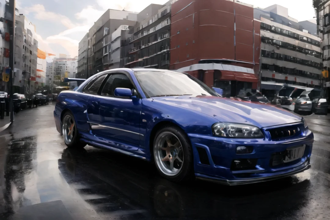 ((masterpiece, best quality)), car,a skylineR34 with white MeisterS13P wheel, car wheel,((Side view)),<lora:MeisterS13P-000008:0.8> <lora:skylineR34-000014:0.7>