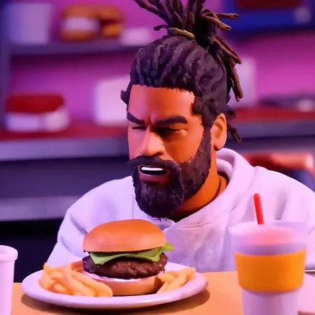 a cinematic still of ,rbtchkn style ,rhwrld , dreads in a bun in the style of rbtchkn <lora:riiahworldxl:1> rhwrld, depth of field , at a resturaunt eating a burger,<lora:jcoleXL:0.7> robot chicken, rbtchkn, robot chicken tv show, stop motion