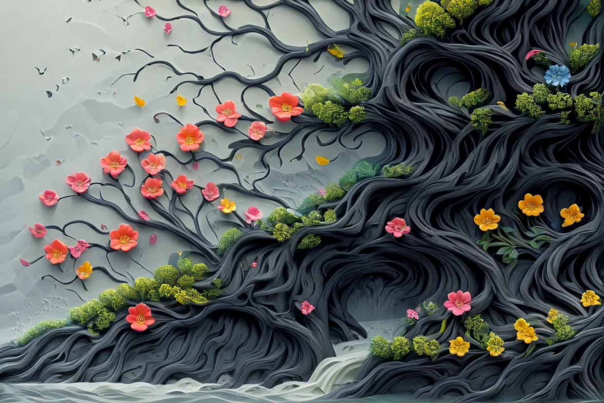 <lora:artfullyTREELUSION_SDXL_V1:1>, arttrlsn,
<lora:artfullyFLOWERTREE_SDXL_V:1>, artflwtr, tree, waterfall, flowers, carved relief