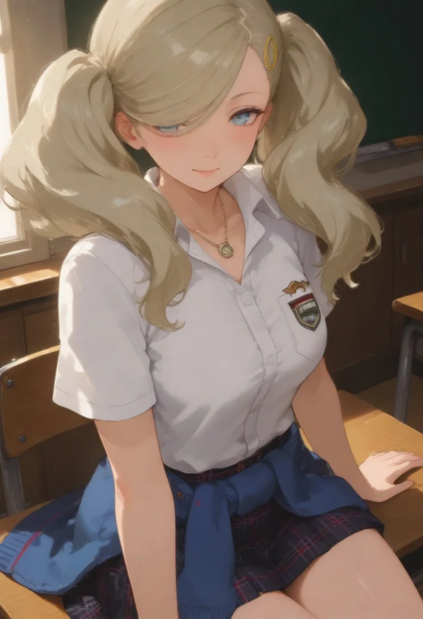 8k, masterpiece, best quality, ultra-HD, raytracing, volumetric lighting, ambient occlusion, best quality, very awa, absurdres, highly detailed, 748cmstyle, 1girl, solo, beautiful eyes, detailed eyes, detailed pupils, detailed hands, perfect body, petite body, hourglass figure, BREAK 1girl,p5ann, takamaki anne, blonde hair, long hair, twintails, swept bangs, hair over one eye, hair clip, p5ann-sumuni, necklace, white polo shirt, short sleeves, sweater around waist, blue sweater, pleated skirt, plaid skirt, skindentation, shujin academy school uniform,, medium breasts, looking at viewer, cheerful, playful smile, sitting on the desk, classroom, blush