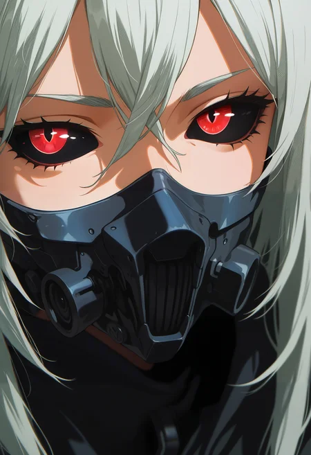 masterpiece, best quality, good quality, very aesthetic, absurdres, newest, 8K, depth of field, focused subject,
in the style of ckncore, 1girl, solo, black sclera, red eyes, colored sclera, long hair, looking at viewer, hair between eyes, black mask, film grain, halftone, chromatic aberration, gritty,