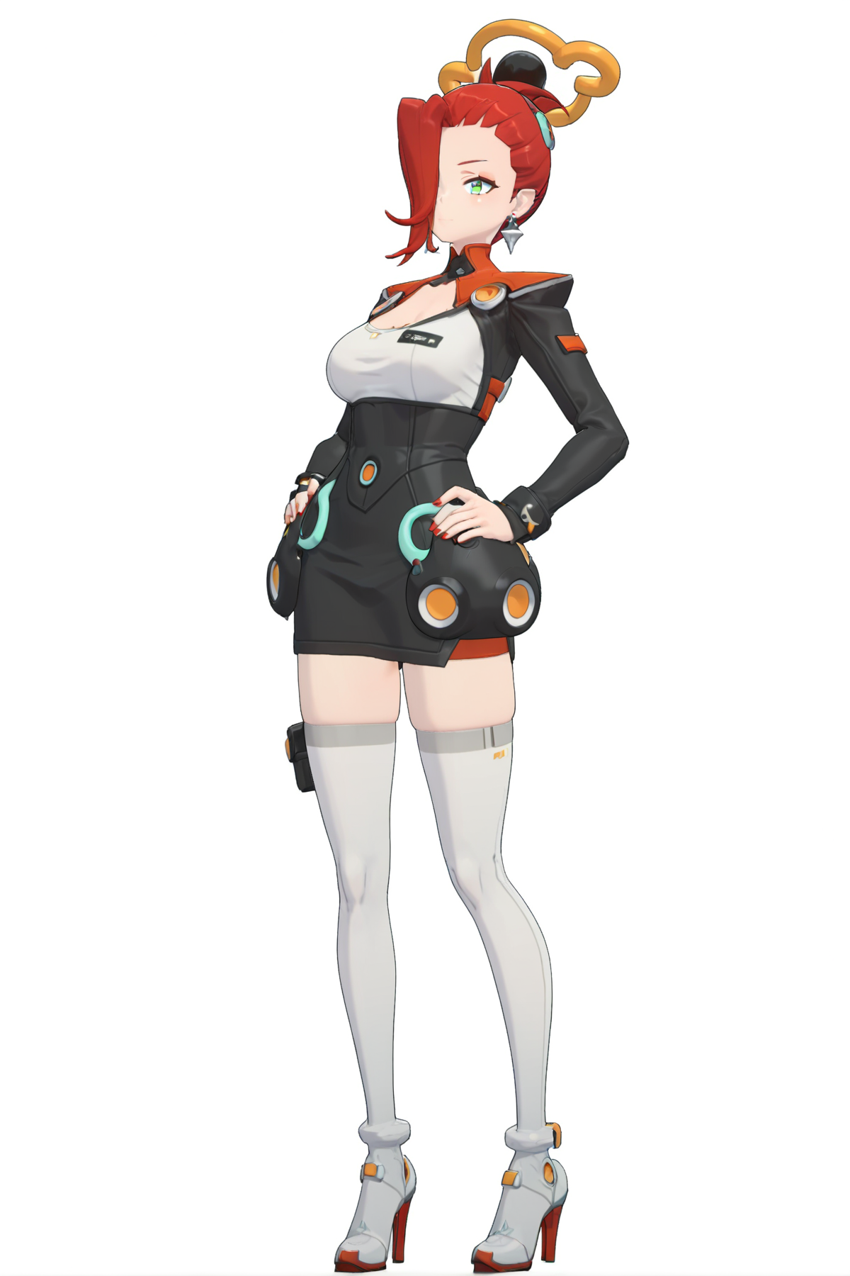 score_9, score_8_up, score_7_up, score_anime, 8k, best quality, masterpiece, (ultra-detailed), (white background:1.2), solo, hands on hip, (full body:1.1), 
<lora:zzzstyle-pony-Tanger:0.8>, bosha, bosha's def clothes, zzz style, red hair, 1girl, cleavage, white thighhighs, long sleeves, thighhighs, breasts, green eye, earrings, (hair over one eye:1.2), high heels,
