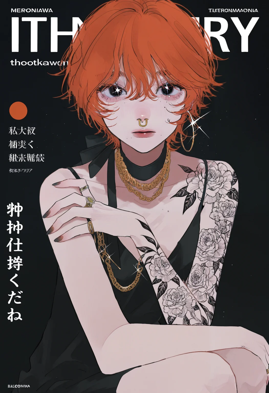 masterpiece, best quality, amazing quality, absurdres, newest, very awa, 
short hair, hair between eyes, orange hair, arm tattoo, magazine cover, japanese text, english text, black background, looking at viewer, hand on own knee, sitting, black dress, bare shoulders, collarbone, flower tattoo, gold jewelry, gold chain, ring, nose piercing, hoop ear ring, sparkle, single earring,
<lora:tami_moon:1>
 <lora:spo_sdxl_10ep_4k-data_lora_webui:0.75>,