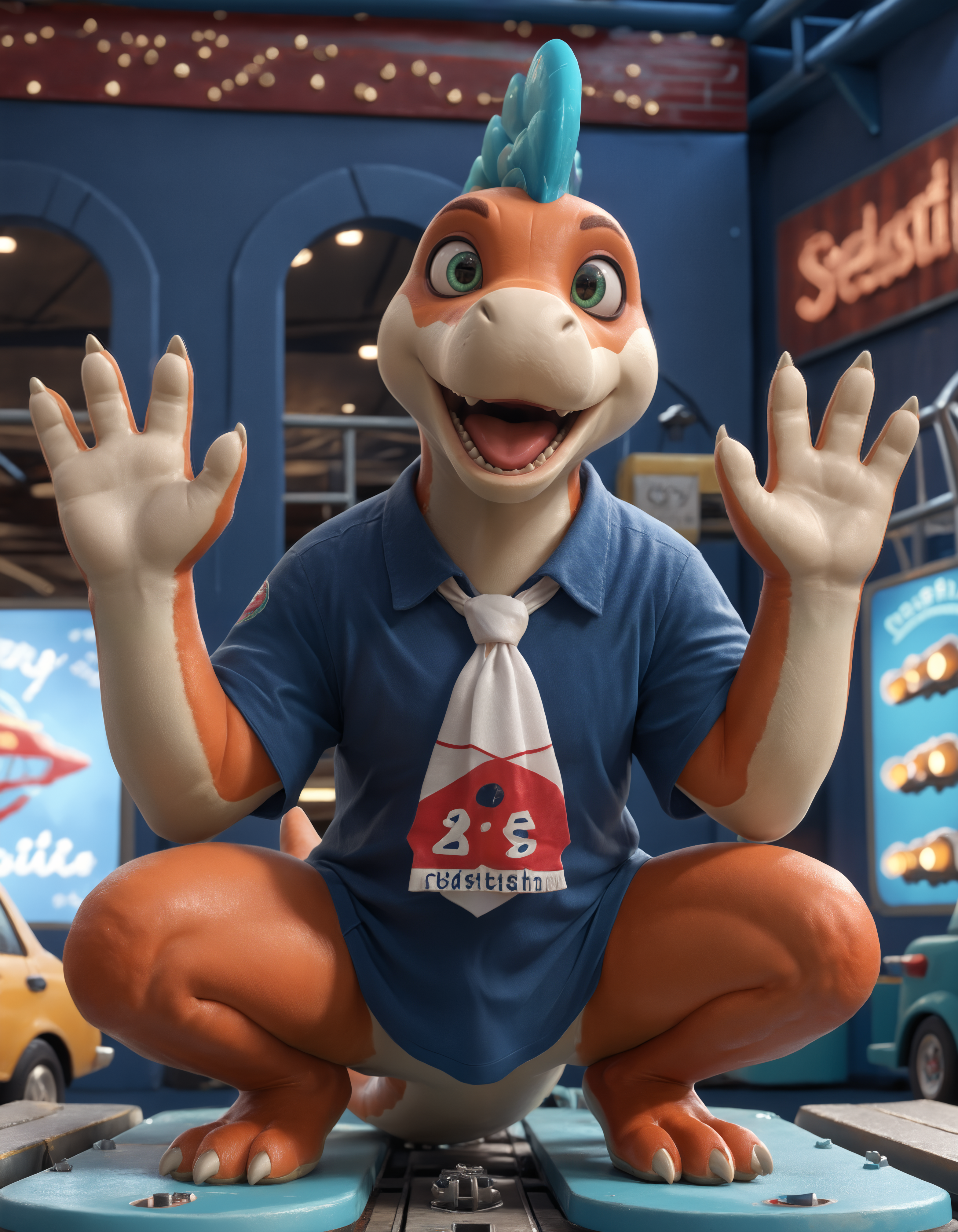 score_9, score_8_up, score_7_up, BREAK (anthro, furry:1.1), depth of field, cinematic lighting, masterpiece, (detailed teeth, detailed hands:1.25), best quality, ultra realistic, 4k, 2k, film photography, RAW photo, photorealistic, analog style, subsurface scattering, photorealism, embedding:unaestheticXL_bp5, embedding:zPDXL,(best quality, high quality, 8K:1.5), <lora:add-detail-xl:2.5>, <lora:fix_hands.safetensors:2.0>, <lora:2.5DRealisticV2.safetensors:0.3>, <lora:sinfully_stylish_SDXL.safetensors:1.0>, <lora:AdvancedEnhancerXLv2.safetensors:1.0>, (hi res), ((masterpiece)), ((best quality)), illustration, furry, <lora:Plessie_Super_Mario.safetensors:0.8>, Plessie, dinosaur, marine, plesiosaur, plesiosaurus, prehistoric species, reptile, scalie, ascot, barefoot, big nose, claws, feet, looking at viewer, male, narrowed eyes, on front, open mouth, smile, solo, tail, toe claws, green eyes (front view, half-length portrait, looking away, hands up, roller coaster, squatting, night shirt,no pants:1.25)