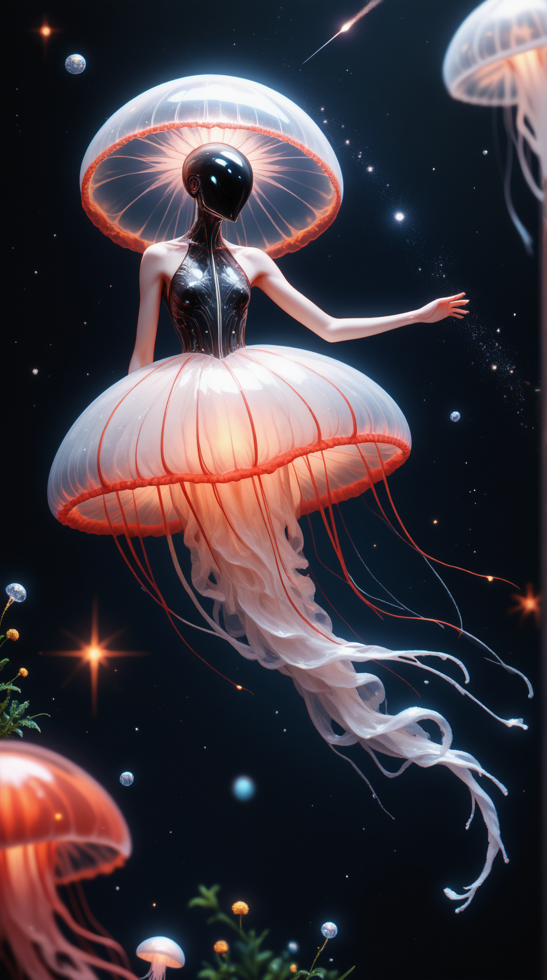 score_9, score_8_up, score_7_up, score_6_up, <lora:JellyfishHybridPDXL:1>Silver gradienting to Scarlet jellyfishhybrid, a hybrid between a jellyfish and a human, Elemental knight, 1girl, depth of field, One Arm Akimbo, no legs, in location along a comet trail streaking through space, best quality, masterpiece quality