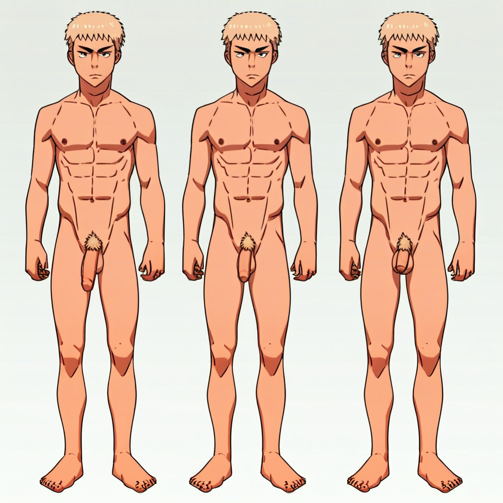 Kanemaru Shinji, 1boy, male focus, solo, blonde hair, black eye, pubic hair, completely nude, abs, penis, balls, standing,  hard penis, score_9, score_8_up, score_7_up, score_6_up <lora:vinceteaa_020_04v2-step00000400r:1> good face, good eyes, looking at viewer, full body, standing,