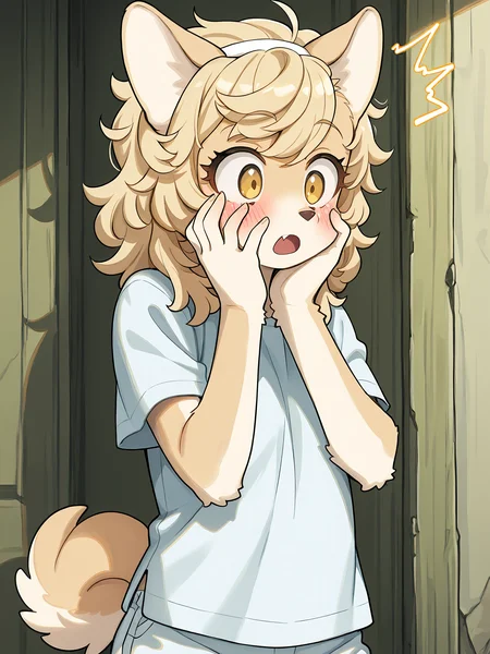 BREAK, <lora:Chick_Montblanc_Illustrious_V1:1>, Chick Montblanc, Fuga: Melodies of Steel, kemono, furry female, 1girl, dog girl, beige fur, white fur, multicolored fur, yellow eyes, blonde hair, short hair, animal ears, dog ears, dog tail, Fuga 2 Appearance, long hair,
BREAK, white shorts, white shirt, hairband, 
BREAK, solo, half body, outside, embarrased, blush, surprised, hands on face,