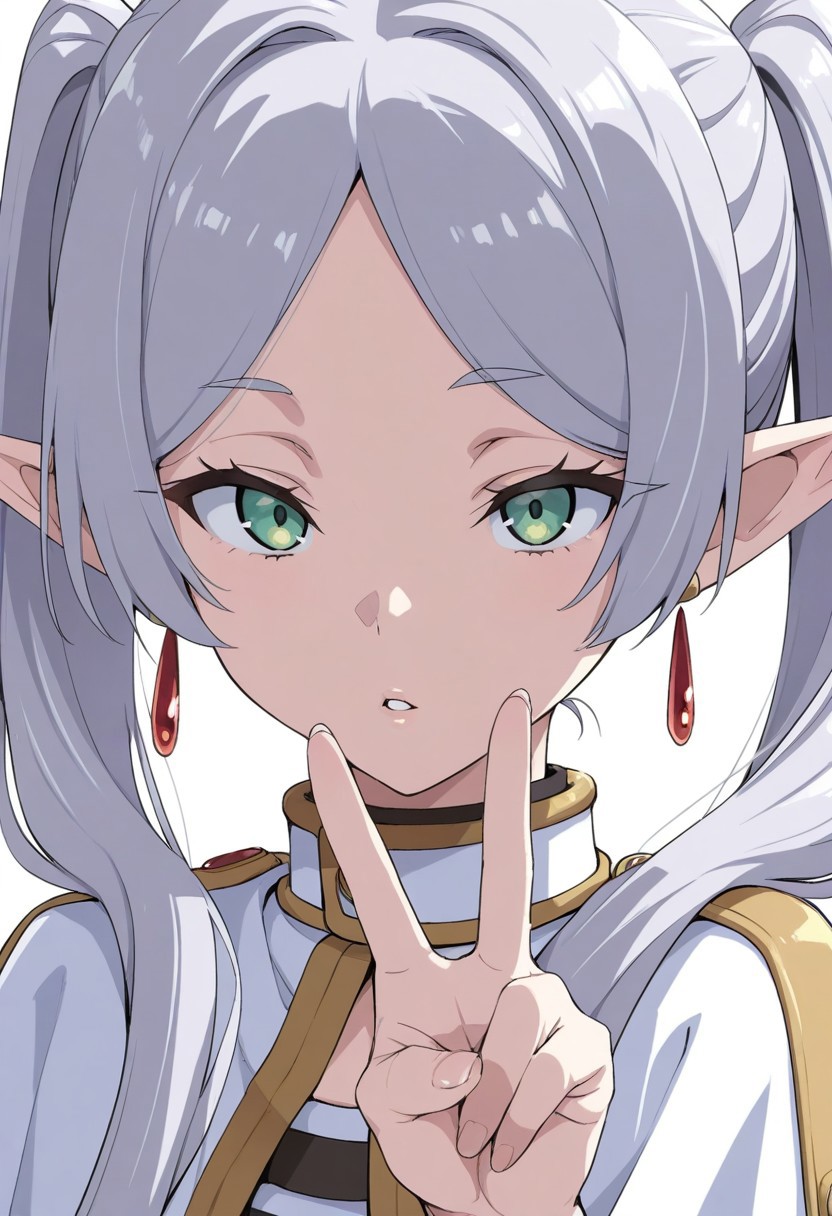 masterpiece, best quality,
(frieren:0.5), 1girl, solo, long hair, looking at viewer, simple background, white background, jewelry, twintails, green eyes, white hair, grey hair, earrings, parted lips, pointy ears, parted bangs, v, capelet, portrait, elf, white capelet