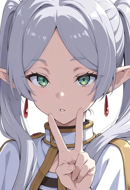 masterpiece, best quality,
(frieren:0.5), 1girl, solo, long hair, looking at viewer, simple background, white background, jewelry, twintails, green eyes, white hair, grey hair, earrings, parted lips, pointy ears, parted bangs, v, capelet, portrait, elf, white capelet