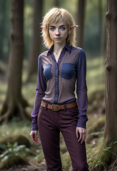 photo of pale (Age 19) female (halfling:1.75), (flat chested, rectangle body shape), (shaggy blonde, middle part), blue eyes, ((Dark purple)/(Dark Orange) masculine shirt/pants), homely, tiny, petite, thin, toned, lithe, full body, outdoors, HDR