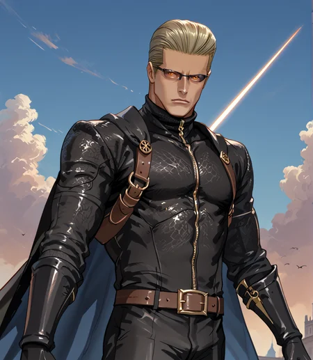 PonyScores7, source_anime, ah1,  <lora:natsumi_style:1>, BREAK <lora:albertwesker-guy-PONYv1:0.8> albertwesker, 1boy, blonde, black gloves, (sunglasses:1.3), belt, black coat, black pants, looking at viewer, toned, athletic, fit, slicked back hair, black turtleneck, zipper, mature male, short hair, black boots, (knight, in gleaming armor with a lance and a noble steed leading the charge against tyranny), (Possessed doll's tea party leads unsuspecting children into a nightmarish otherworldly realm,), ((scream expression)), (focused, intense glare, apatethic, contemptuous), (reddish orange eyes, slit pupils), (angular face, sharp_featured face), handsome, charming, alluring, BREAK <lora:xl_more_art-full_v1:0.2>, <lora:shinyskin2:0.2> glistening skin, <lora:aesthetic_anime_v1s:0.2>, <lora:Expressive_H:0.2> Expressiveh, <lora:hairdetailpxl:0.2> hairdetailpxl, <lora:EpicF4nta5yXL:0.2>, <lora:detailxl:0.2> detailxl, <lora:Fant5yP0ny:0.2>, best quality, amazing quality, best aesthetic, absurdres, <lora:expressive eyes:0.2> expressive eyes, <lora:eyedetailpxl:0.2> eyedetailpxl, illustration, Volumetric_Lighting, ultra-detailed, very aesthetic, intricate details, 8k, masterpiece, best_quality, BREAK (From a tilted or Dutch angle, introducing an element of disorientation or drama), BREAK <lora:Eyes_High_Definition:0.3> EyesHD, Stable_Yogis_PDXL_Positives, AS-Adult, <lora:Complicated fantasy portrait - XL Pony V2.0:0.4>, bad-hands-5, AS-MidAged,