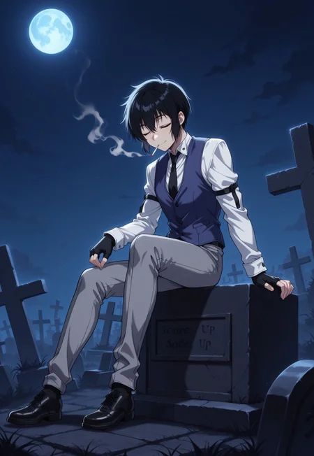 safe_pos, score_9, score_8_up, score_7_up, masterpiece, best quality, YoungWalter, solo, 1boy, male focus, black hair, short hair, blue eyes, white shirt, black necktie, blue vest, black gloves, fingerless gloves, grey pants, black shoes, sitting, cigarette, mouth hold, smoke, graveyard, night, full moon, closed eyes, smile, perspective