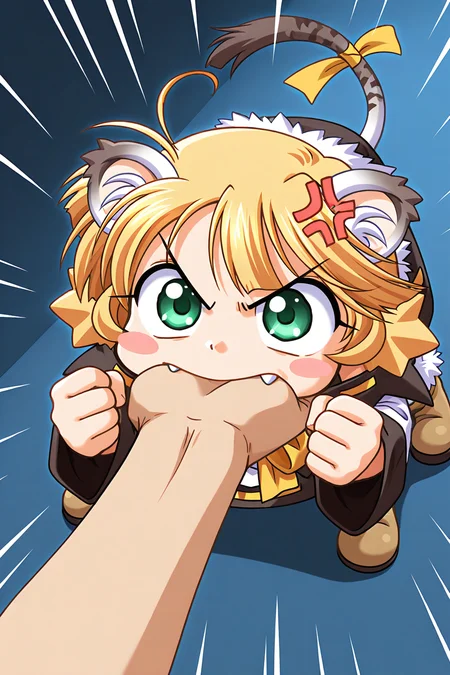 masterpiece, best quality, absurdres, official art, official style, general BREAK <lora:ouki-torakapu_IL_v1-1:0.7>, ouki, 1girl, solo, green eyes, blonde hair, sidelocks, long hair, ahoge, no headwear, flat chest, anger vein, tail ribbon, tiger tail, tiger ears, angry, chibi, blush stickers, o o, detached sleeves, short hair, biting another's hand, clenched hands, emphasis lines, boots, tears, fur trim, v-shaped eyebrows, tiger girl, long sleeves, parody, white dress, 1boy, close-up, yellow ribbon, style parody, ribbon trim, animal ear fluff, short dress, solo focus, wide sleeves, off-shoulder dress, black capelet, comic