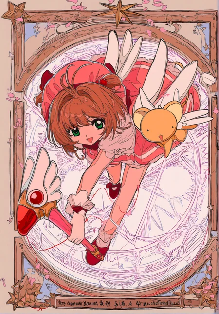 card \(medium\),[tarot_(medium),(white theme,:0.6)::6] ,border,text,english text,(cogecha,ligne claire:.7),kisumi_rei
kinomoto_sakura,cherry blossoms, cards,star \(symbol\),kero \(cardcaptor sakura\),[(foreshortening:1.3):foreshortening:10], (fuuin_no_tsue,wand:1.1),magical girl, full body,1girl, solo, smile,open mouth,from above, casting spell,[magic circle::15],string of fate,, masterpiece,best quality,year 2024,newest,highres,absurdres,very Aesthetic