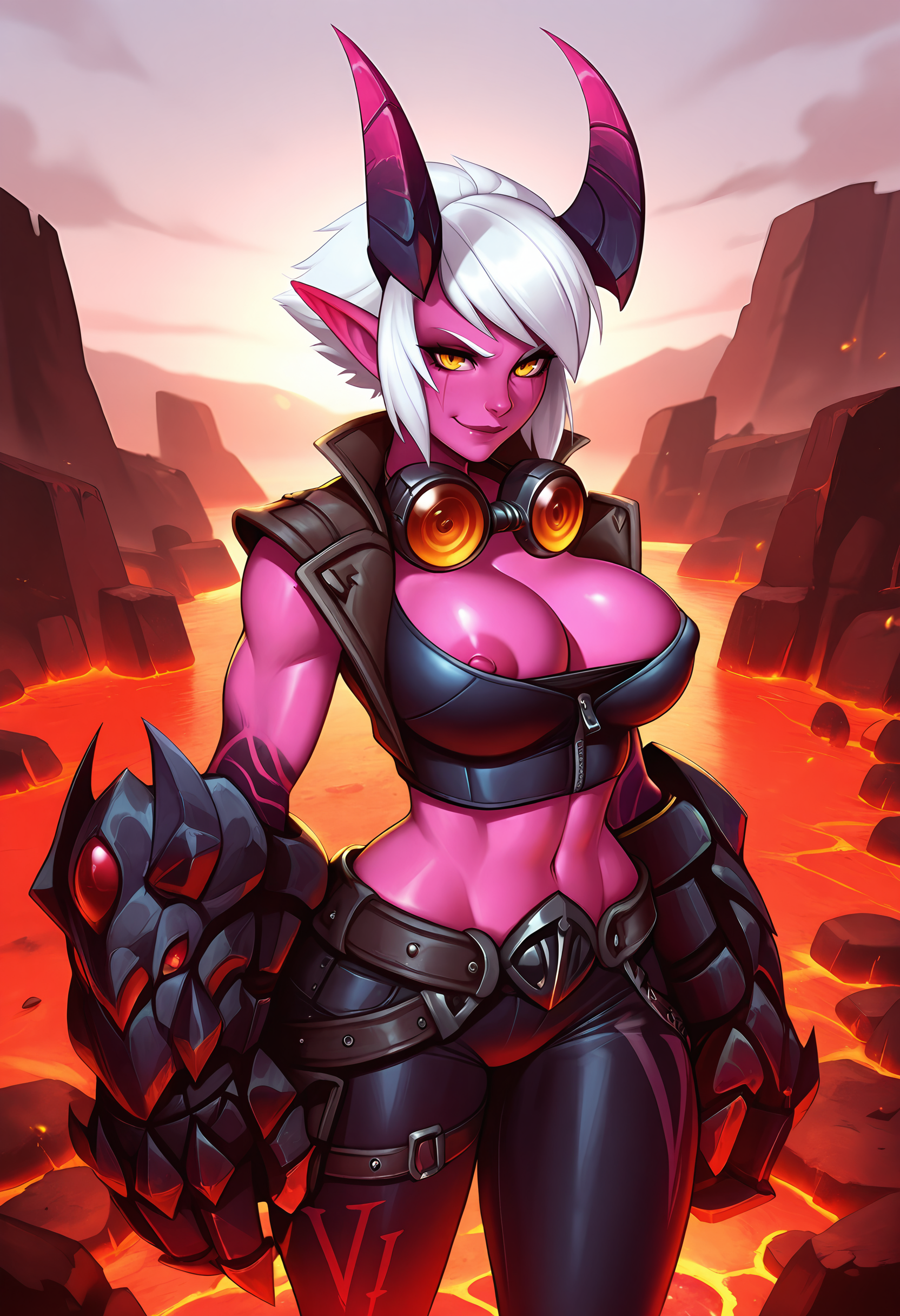 1girl, solo, large breasts, nipple slip, looking at viewer, smirk, <lora:DemonViIL-19:1>, demonviil, gauntlets, pointy ears, short hair, white hair, colored skin, pink skin, oversized limbs, gauntlets, pants, demon girl, belt, demon horns, goggles around neck, midriff, wasteland, lava, rock, masterpiece, best quality, amazing quality,