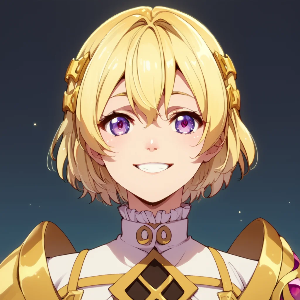 score_9, score_8_up, score_7_up, score_6_up, score_5_up, score_4_up, source_anime, Selen, short hair, blonde hair, purple eyes, , smile, portrait, upper body
