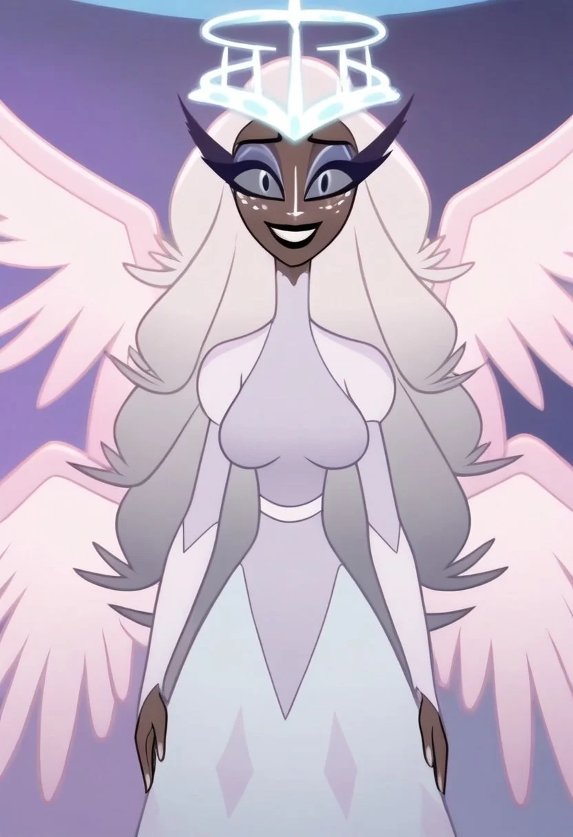 masterpiece, amazing quality, best quality, cartoon,
Sera, dark skin, colored skin, white nose, white freckles face, long eyelashes, makeup, black lips, grey sclera, colored sclera, black pupils, white hair, long hair, halo, glowing halo, sera wings, puffy sleeves, white dress, long sleeves, long skirt, big breast, standing,
(solo, seducing, looking at viewer, aroused, grin),