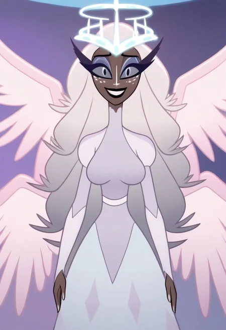 masterpiece, amazing quality, best quality, cartoon,
Sera, dark skin, colored skin, white nose, white freckles face, long eyelashes, makeup, black lips, grey sclera, colored sclera, black pupils, white hair, long hair, halo, glowing halo, sera wings, puffy sleeves, white dress, long sleeves, long skirt, big breast, standing,
(solo, seducing, looking at viewer, aroused, grin),